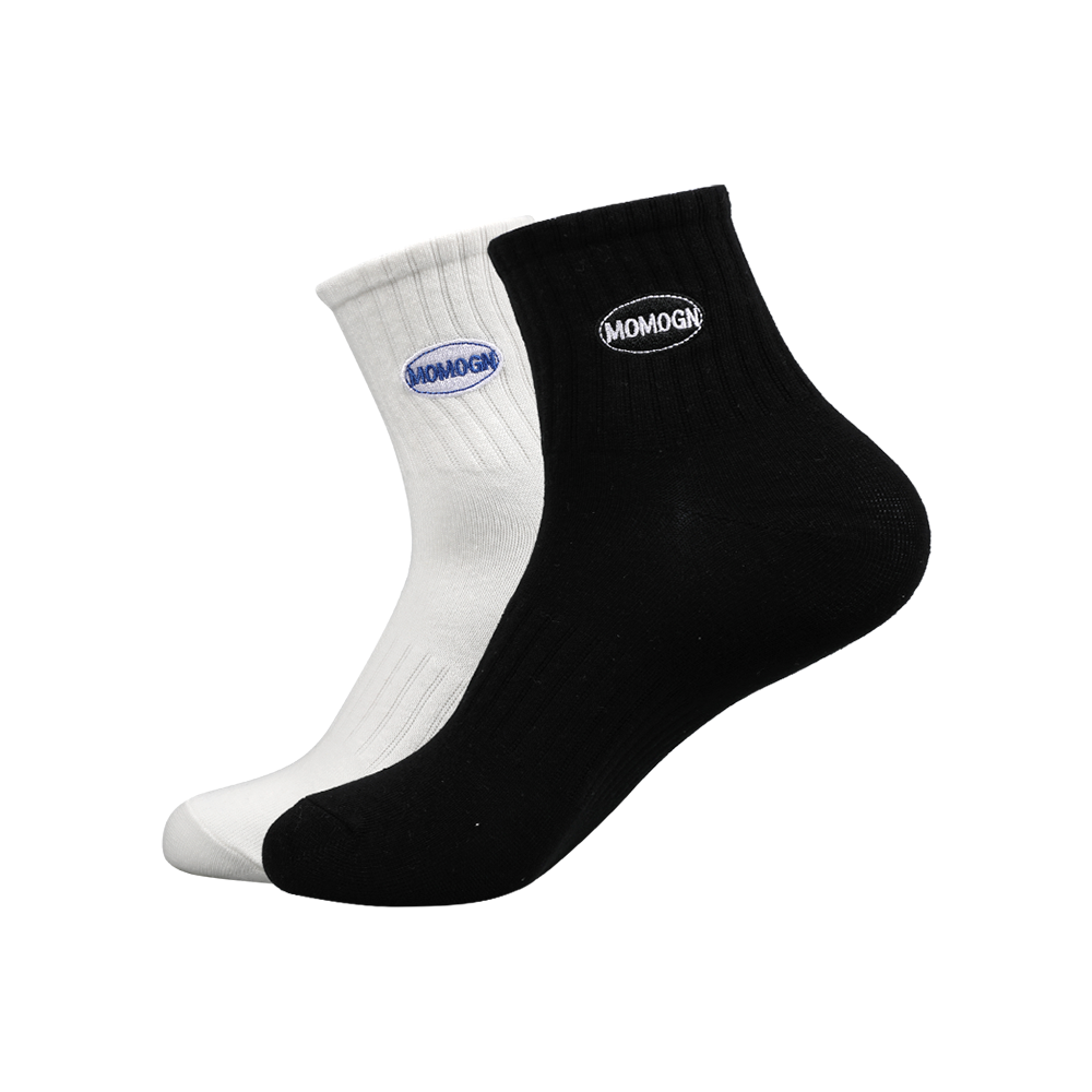 White and black plain high rib ankle socks with embroidery logo