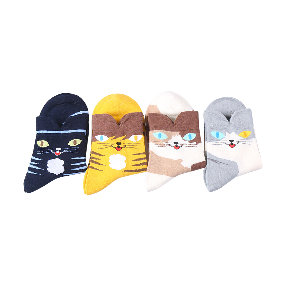 3D ears on the top combed cotton cat designed women socks